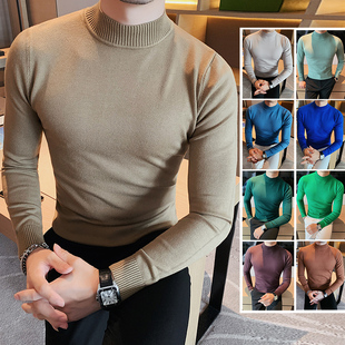 男士半高领毛衣秋冬季高级感修身长袖t恤内搭小衫中领针织打底衫