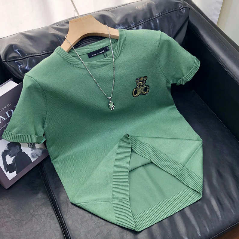 新款针织衫男短袖毛衣圆领修身时尚胸前印花小熊潮流青年套头衫