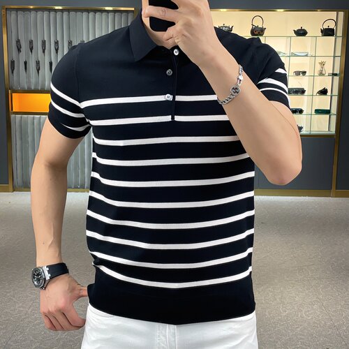男士高品质时尚短袖POLO衫针织t恤2024新款夏季个性条纹翻领潮流