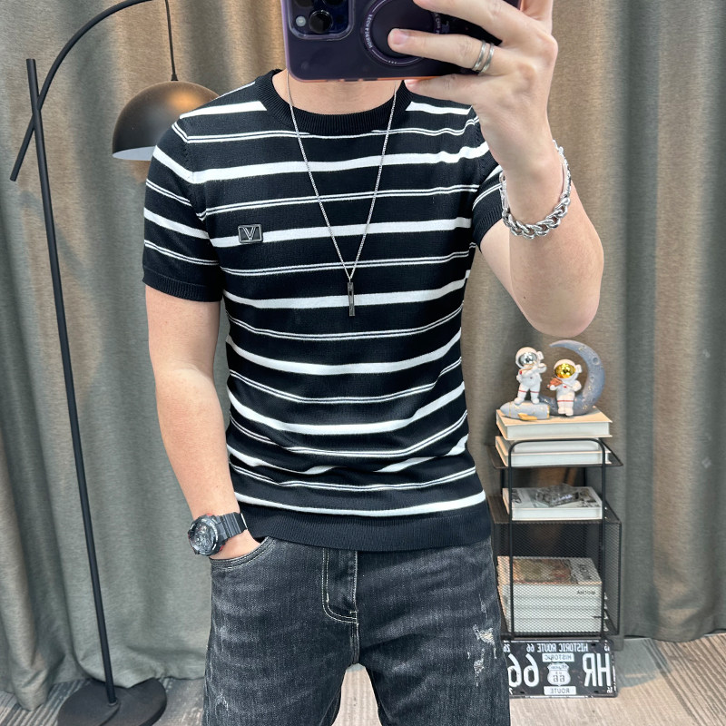 条纹短袖毛衣男2024春秋新款高端半袖体恤衫修身内搭打底衫上衣潮