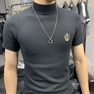 半高领短袖毛衣男秋冬新款加厚针织打底衫男士圆领半袖包芯纱T恤