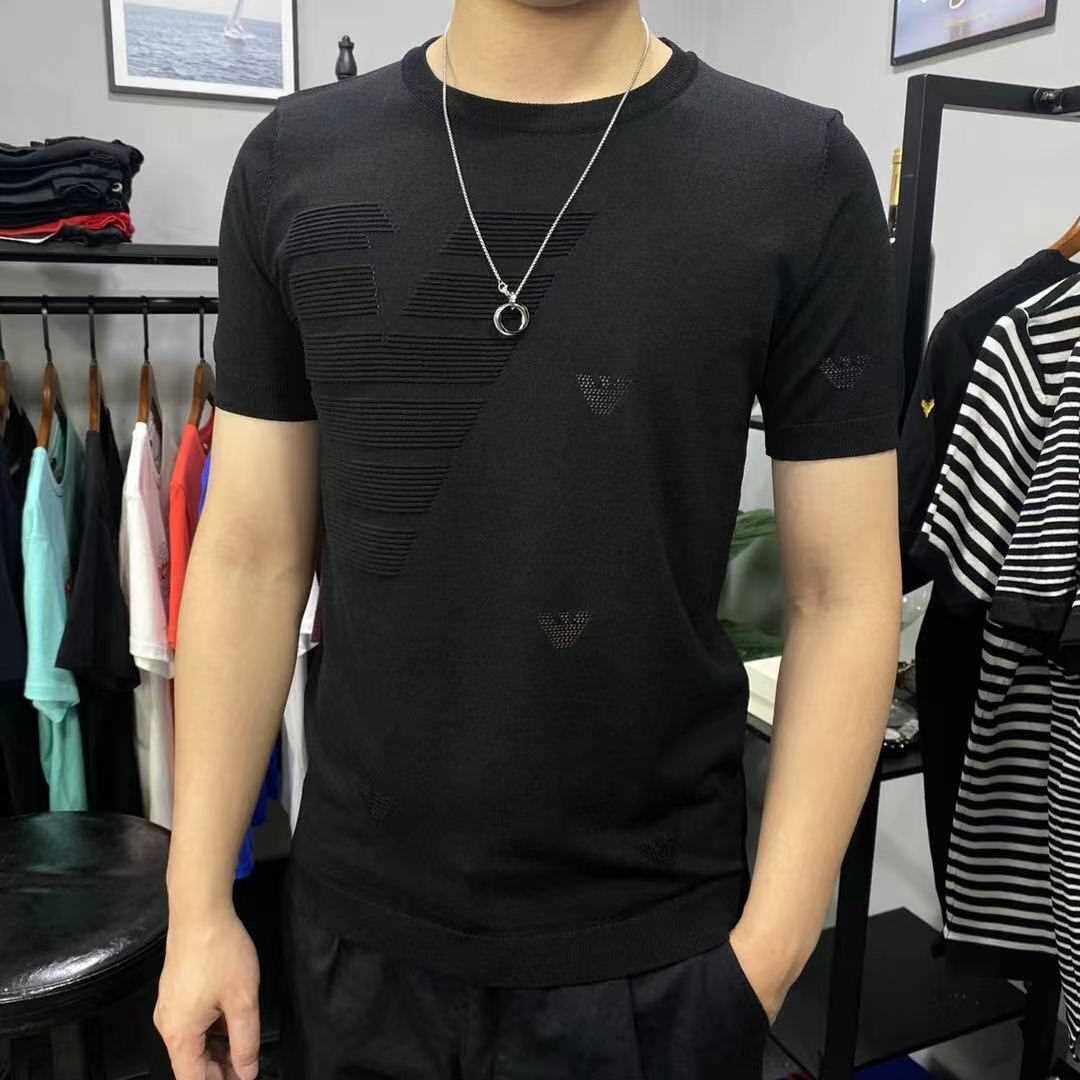 男士针织短袖毛衣秋冬提花圆领潮牌社会针织半袖修身黑色打底衫