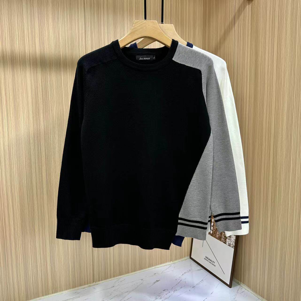 潮男新拼色美式休闲针织毛衣男春秋潮牌感男士内搭打底衫上衣