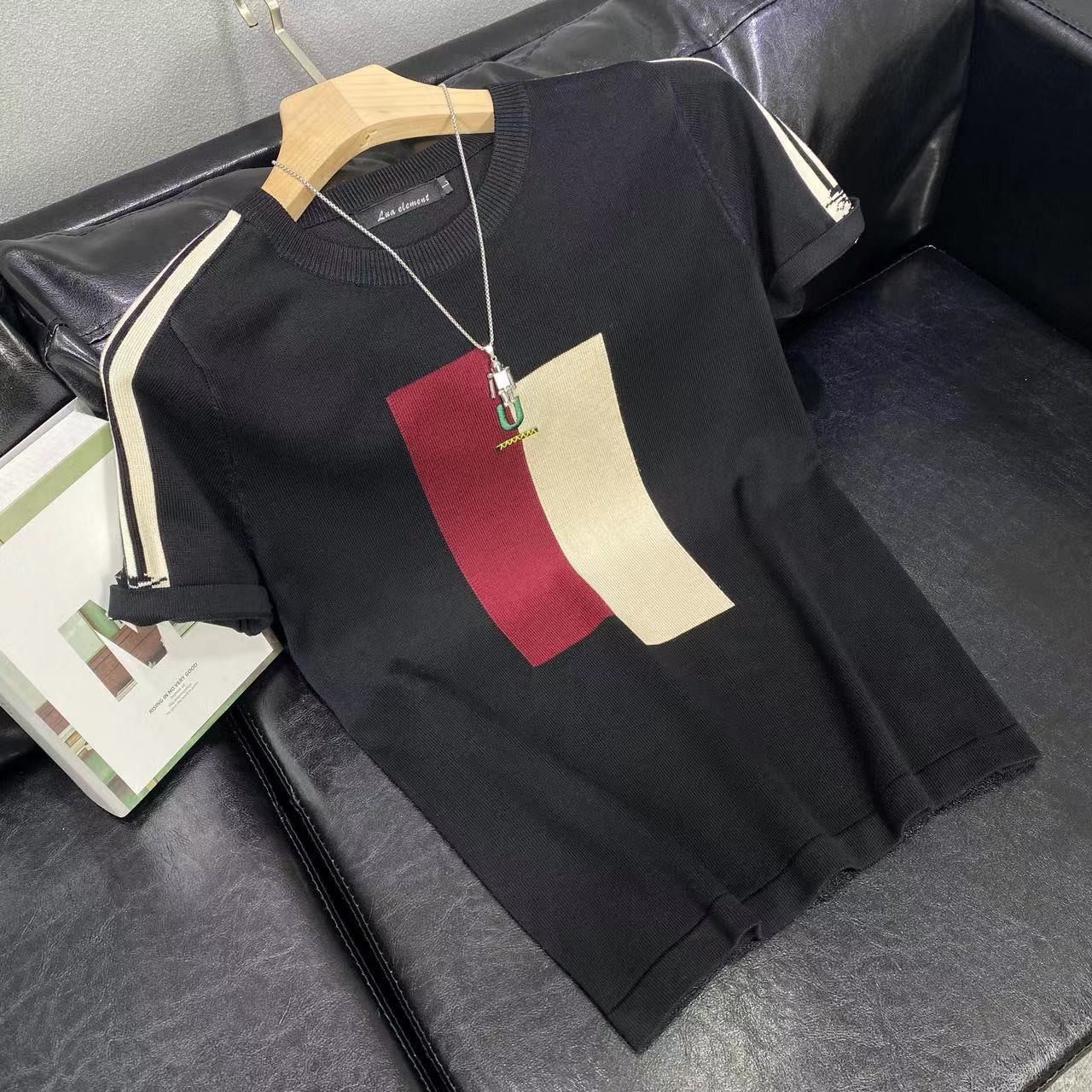 男拼色针织衫春秋季百搭短袖毛衣男士潮流男装针织半截袖男款T恤