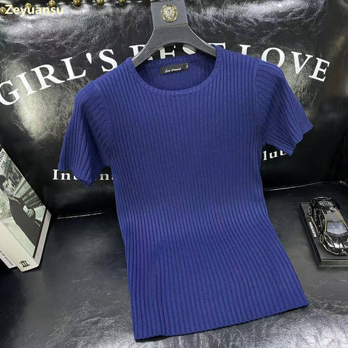 纯色条纹针织厚款短袖T男韩版修身秋冬季时尚社会圆领半袖体恤潮