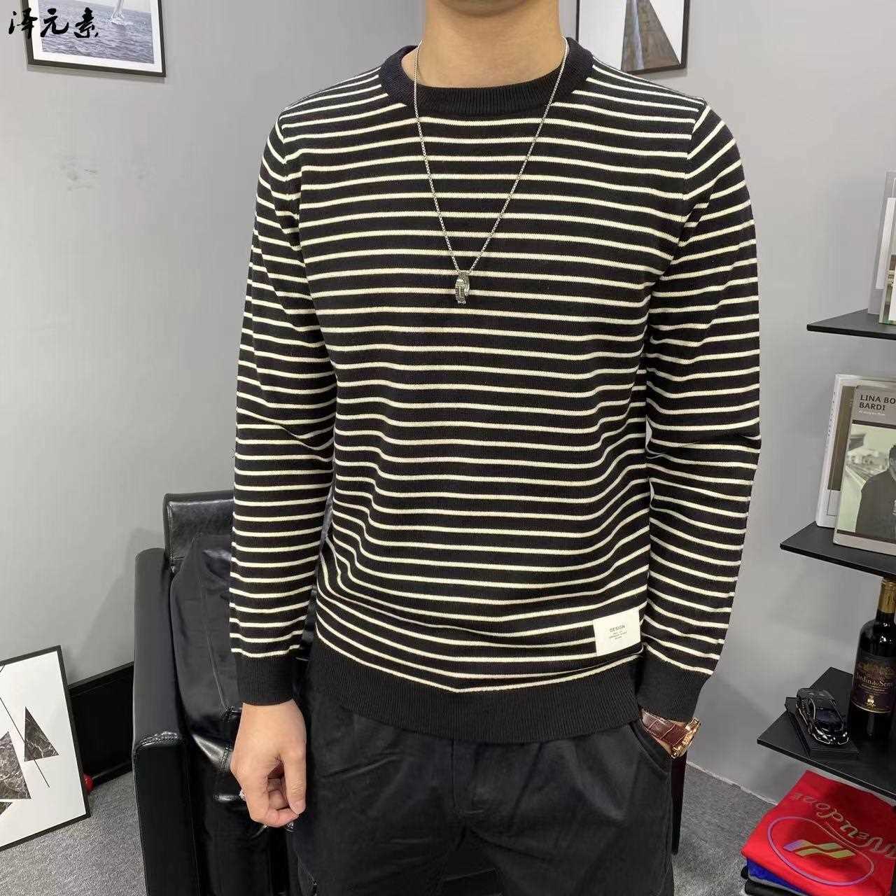 韩版秋冬日常条纹撞色打底衫男修身韩版针织衫复古休闲百搭毛衣