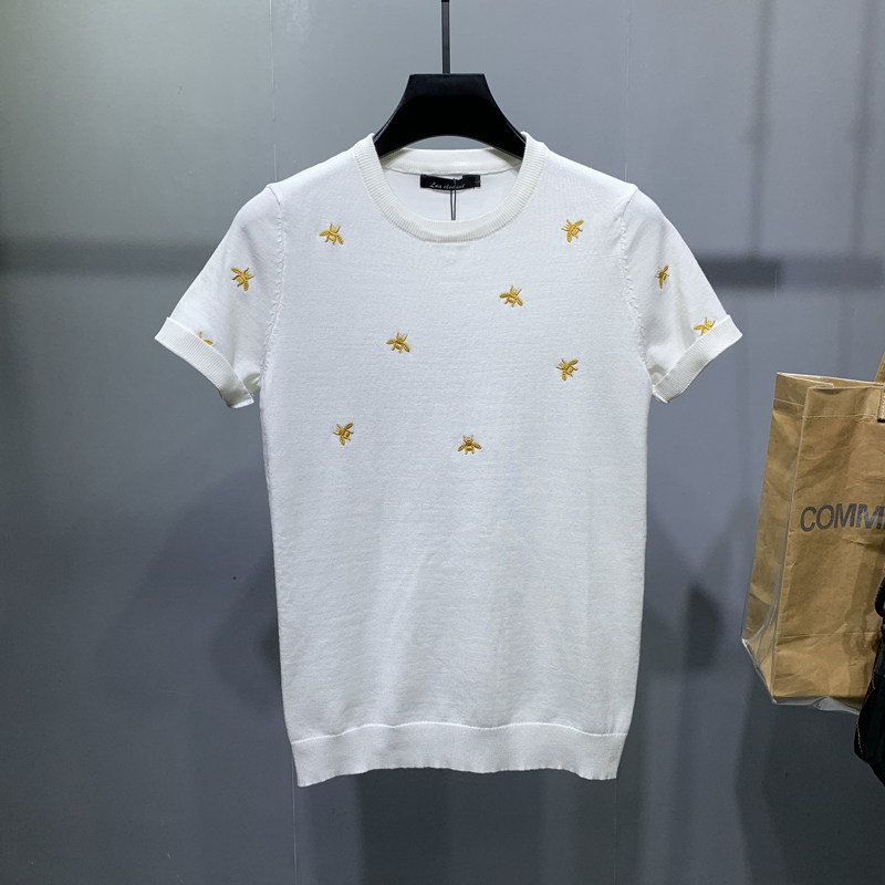 男士短袖毛衣刺绣圆领百搭简单款针织衫半袖秋冬季大码潮流男上衣