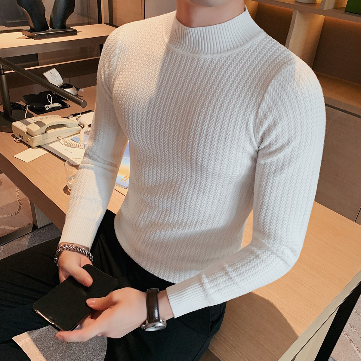 半高领毛衣男秋冬季修身潮流长袖针织打底衫感百搭纯色毛线衣