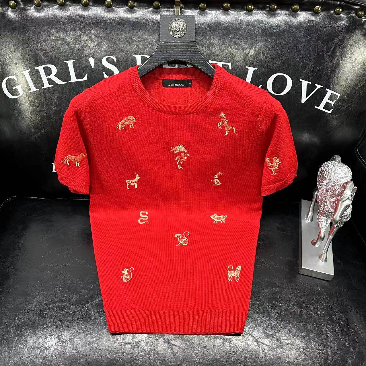 高品质龙年短袖毛衣男款潮牌针织打底衫十二生肖虎年秋冬季半截袖