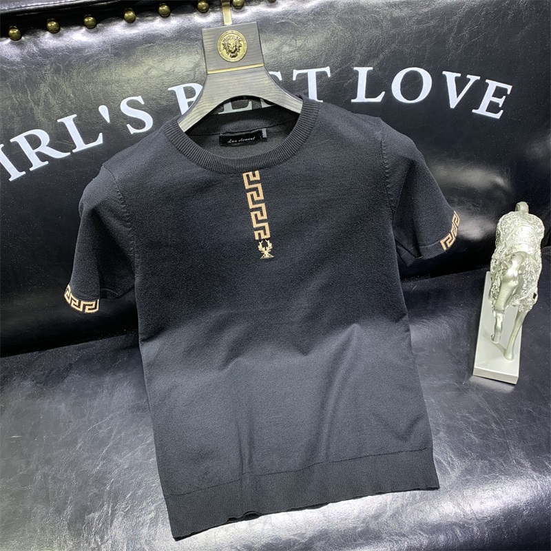 2023秋冬季提花短袖毛衣男修身潮牌圆领针织半截袖打底衫薄款休闲