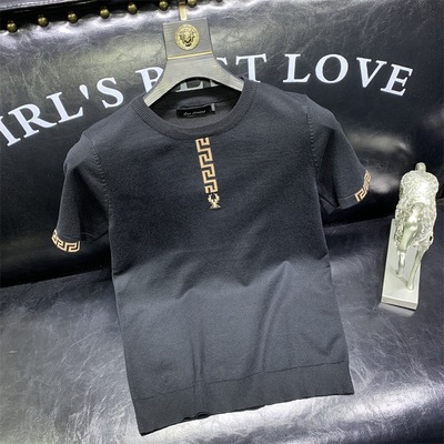 2023秋冬季提花短袖毛衣男修身潮牌圆领针织半截袖打底衫薄款休闲