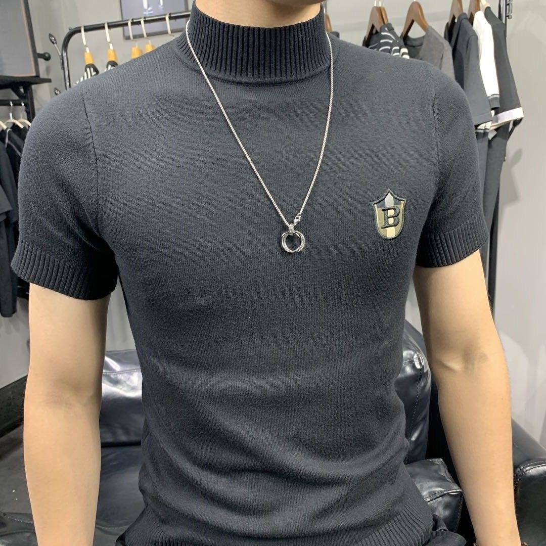 半高领短袖毛衣男秋冬新款加厚针织打底衫男士圆领半袖包芯纱T恤