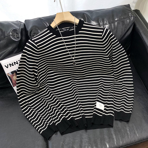 2022年秋冬圆领条纹长袖毛衣男针织衫套头打底衫修身时尚百搭潮牌