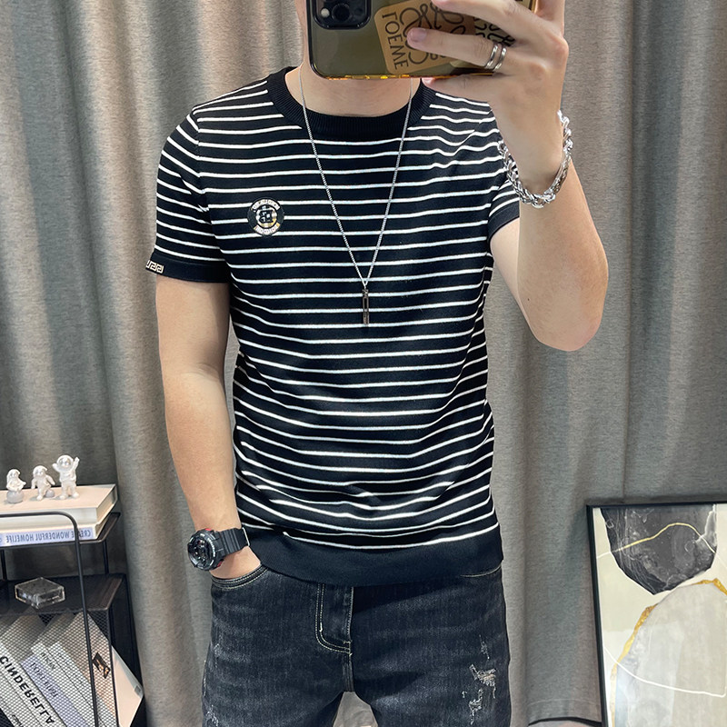 条纹短袖毛衣男圆领男士修身弹力紧身韩版衣服半袖针织衫上衣毛衫