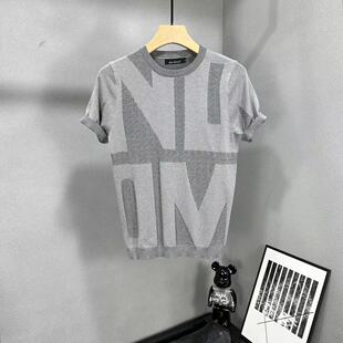 2023新款冰丝短袖男士欧洲站针织t恤修身时尚打底衫半袖潮牌上衣