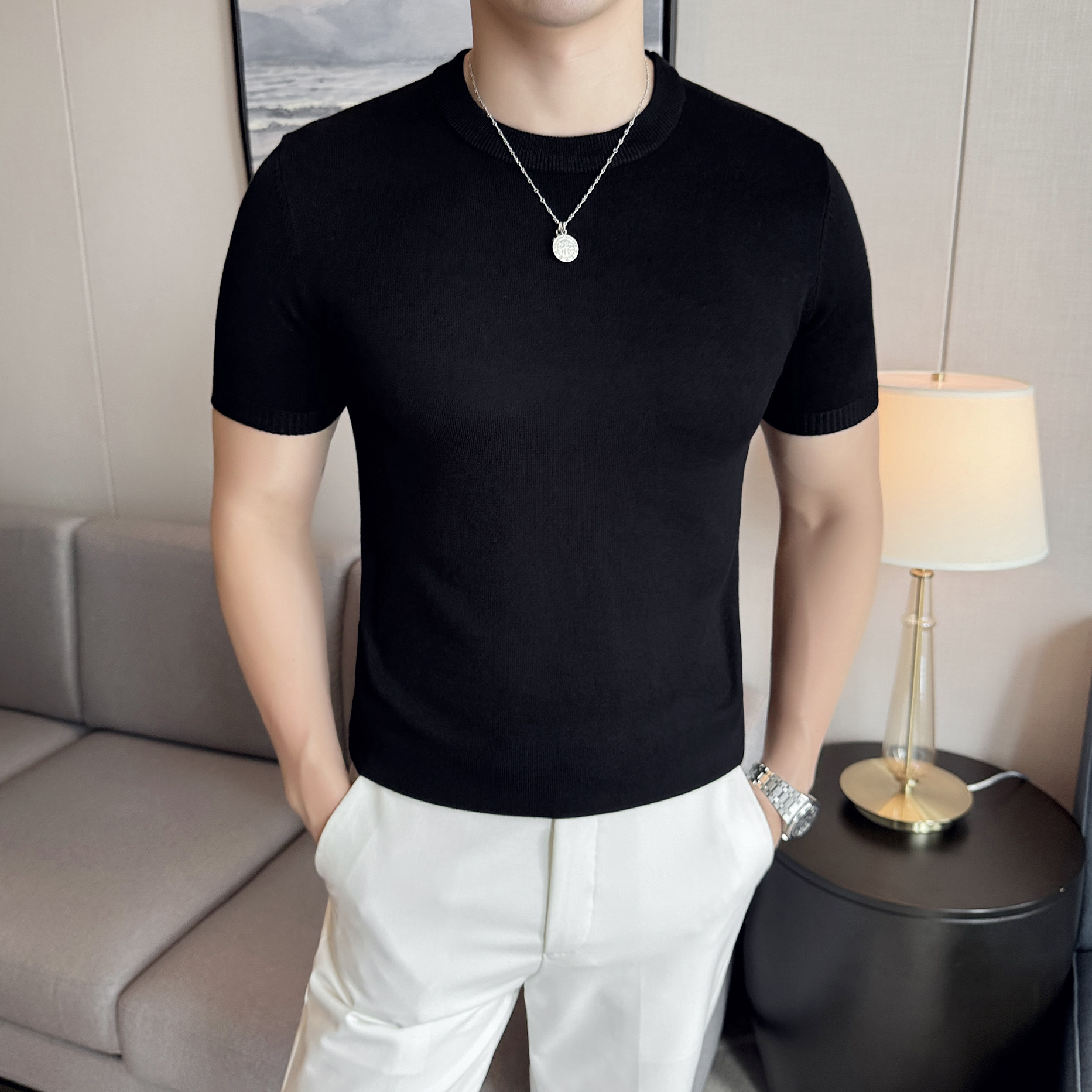 春秋圆领毛衣男修身韩版潮流百搭加厚t恤半袖休闲针织短袖打底衫