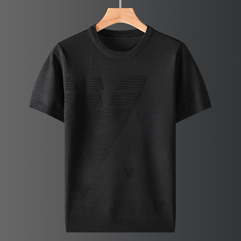 秋冬半袖男毛衣针织衫短袖T恤潮流经典罗纹圆领百搭休闲上衣大码