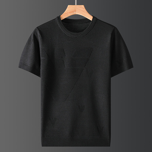 秋冬半袖男毛衣针织衫短袖T恤潮流经典罗纹圆领百搭休闲上衣大码
