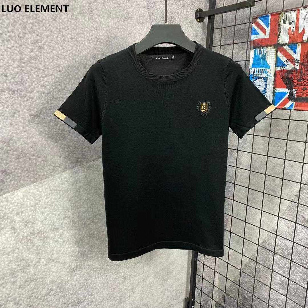 冬季短袖毛衣男圆领修身潮流刺绣字母男士半袖线衣黑色针织厚T恤