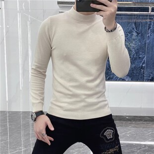 冬季韩版潮流半高领毛衣男时尚纯色修身弹力加厚百搭保暖打底衫潮