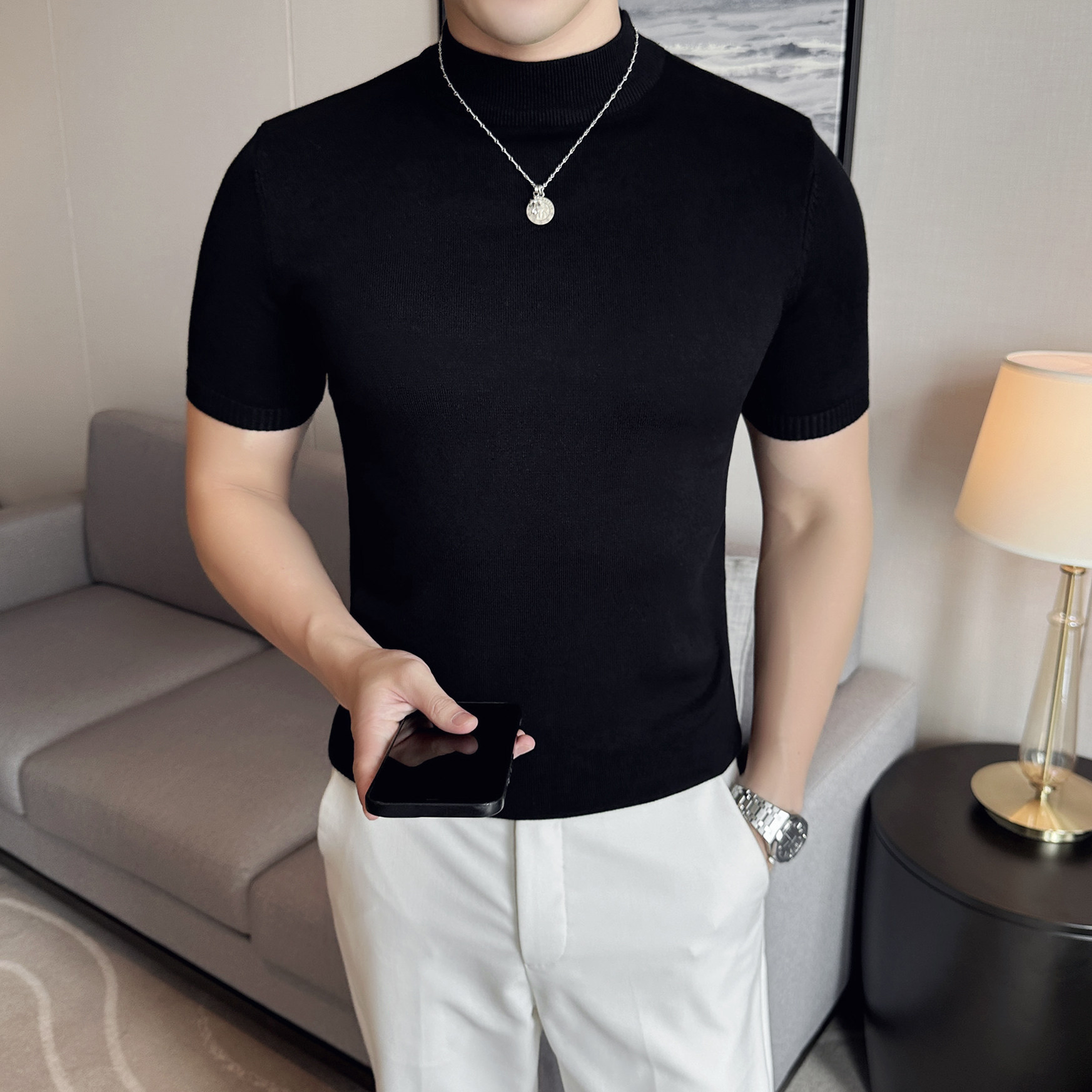 男士毛衣半高领春秋内搭短袖针织衫男紧身中领纯色线衣修身打底衫