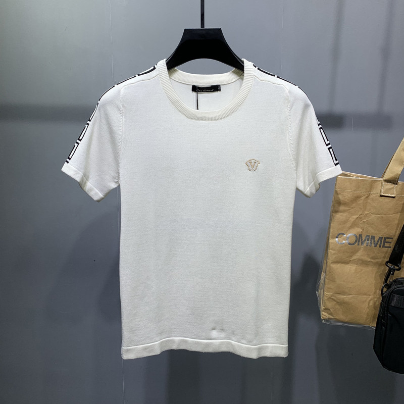 男士短袖毛衣简单字母刺绣条纹半截袖秋冬季圆领大码白色针织半袖