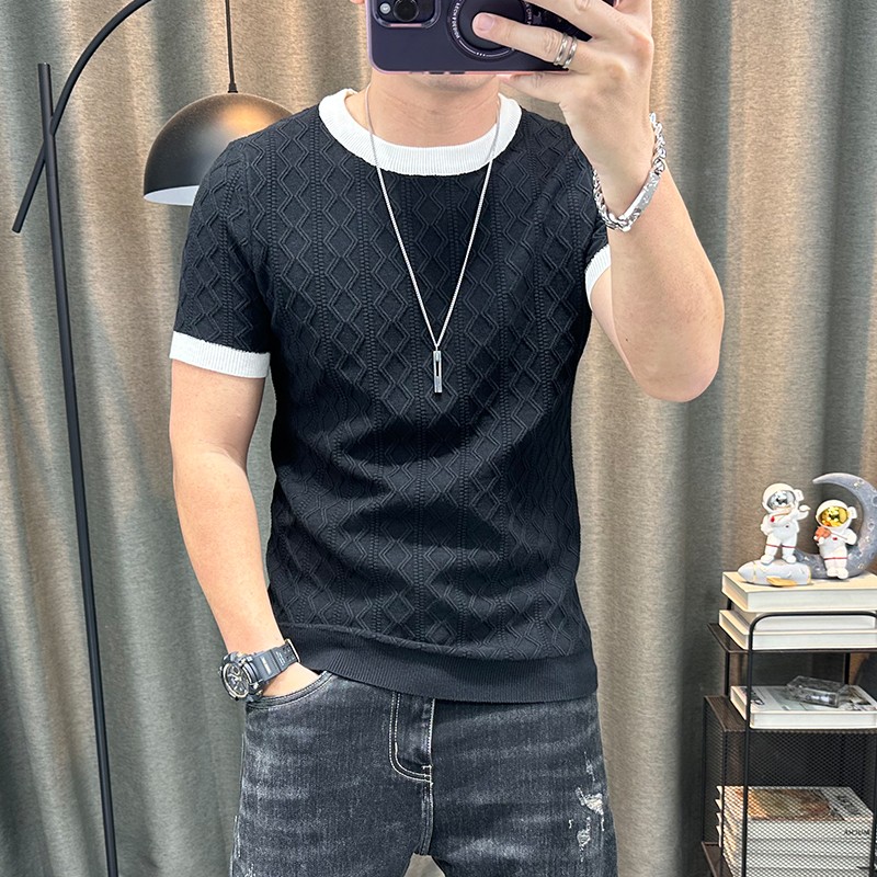 短袖毛衣男秋冬新款弹力紧身半袖针织衫圆领内搭半截袖打底衫上衣