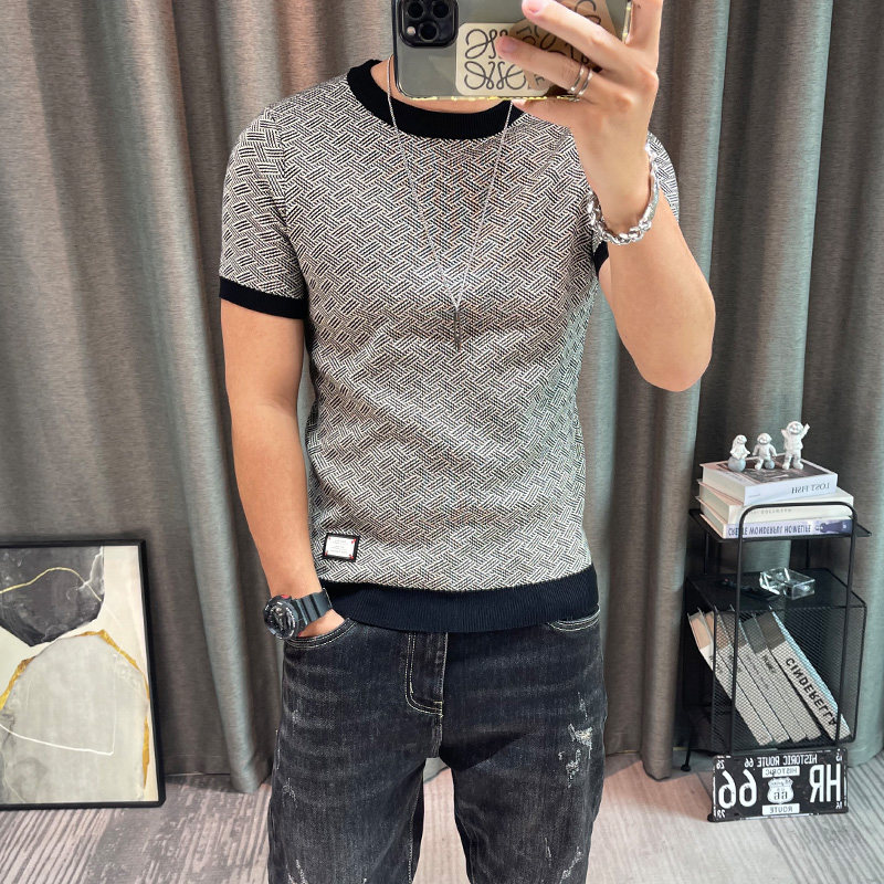 短袖毛衣男秋冬半袖针织衫圆领弹力紧身打底衫半截袖内搭毛线上衣