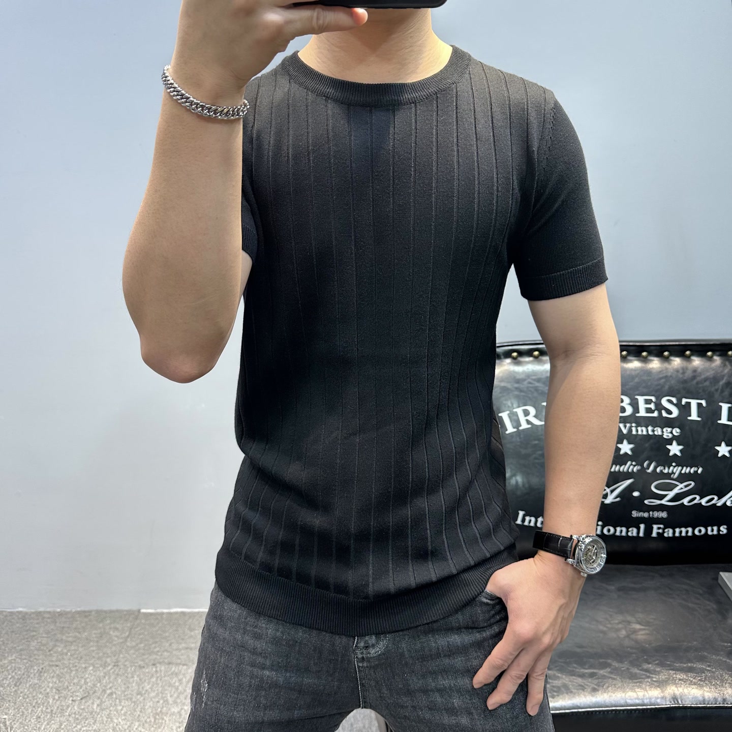 针织短袖T恤男士青年圆领纯色品质男装修身上衣品质潮流韩版T