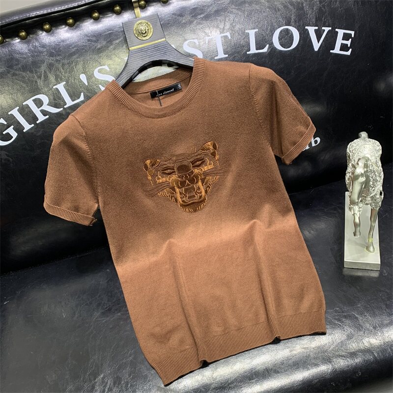 刺绣短袖毛衣男冬季韩版修身时尚社会大码休闲圆领针织半截袖毛衫