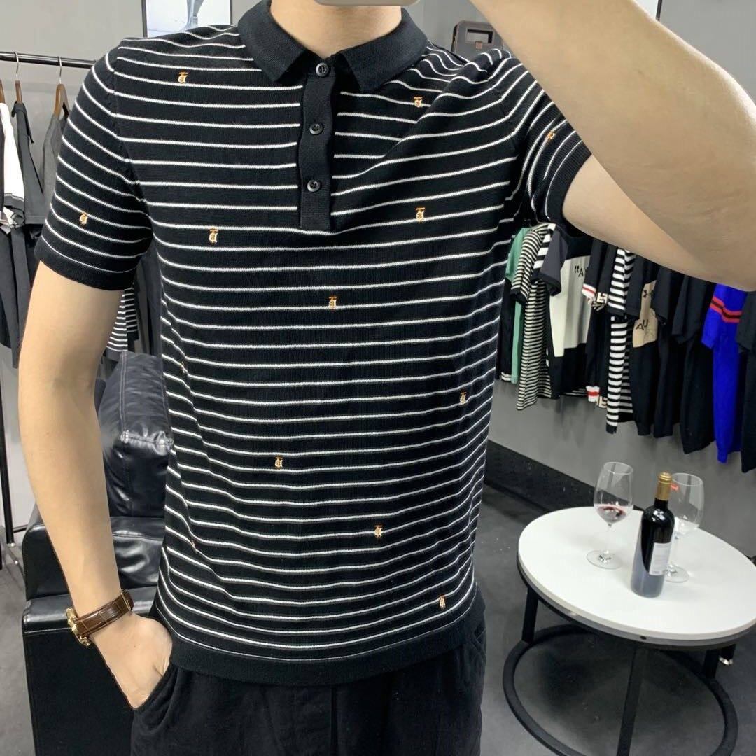 春秋季新款翻领条纹短袖毛衣男刺绣韩版修身潮男半袖针织POLO衫