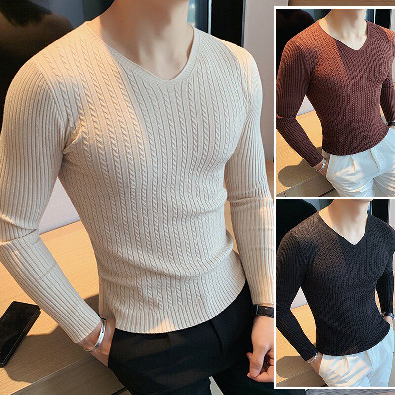 男士V领打底衫春秋紧身低领针织毛衣2023新款感冬季长袖内搭