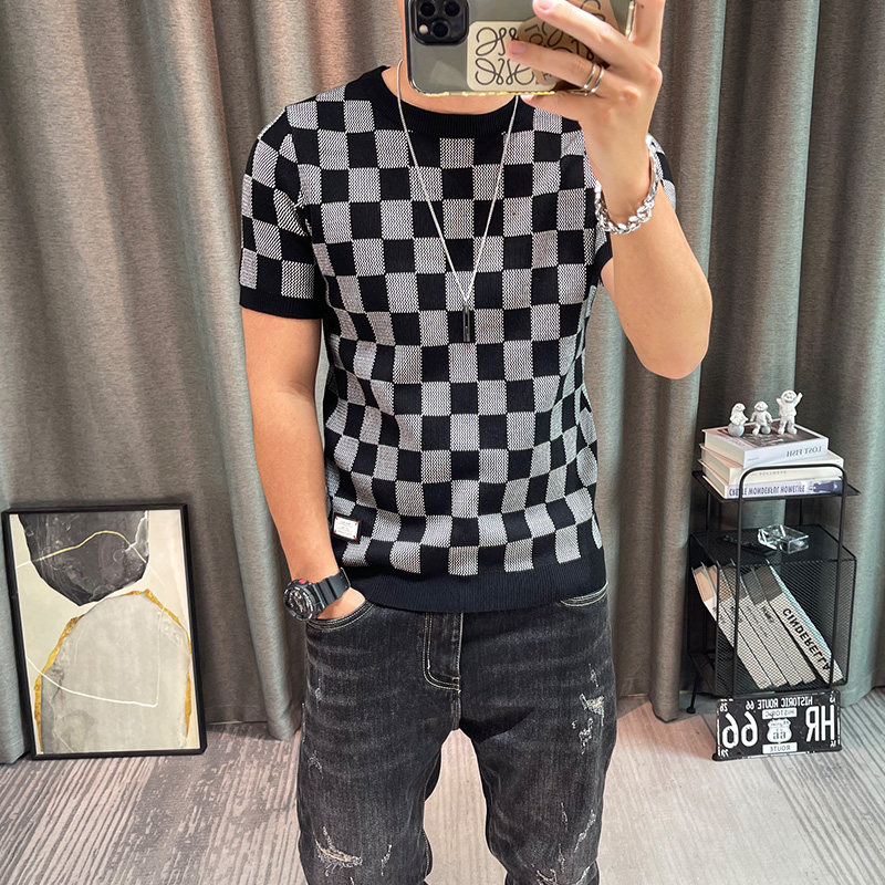 短袖毛衣男秋冬格子半袖针织衫加厚半截袖内搭弹力紧身打底衫线衣