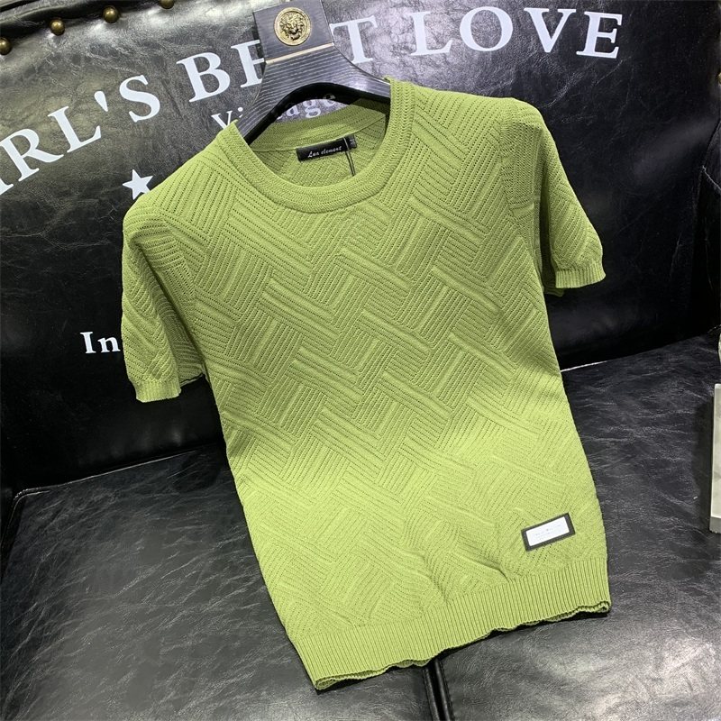 男士镂空冰丝短袖T恤夏季时尚潮流大码薄款圆领针织半袖打底衫帅