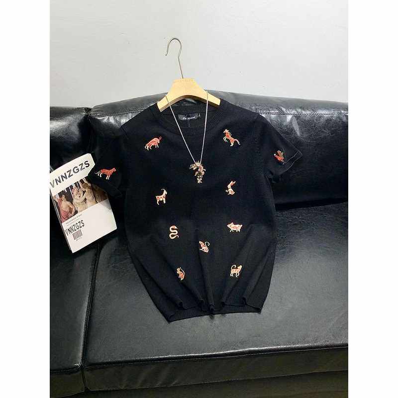 红色针织短袖男毛衣半袖刺绣圆领修身青年套头打底衫新品潮本命年