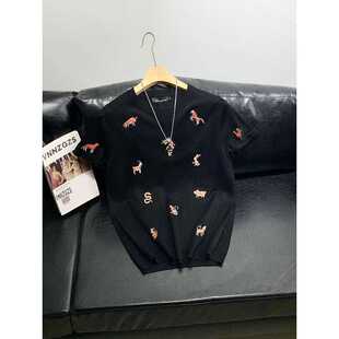 红色针织短袖男毛衣半袖刺绣圆领修身青年套头打底衫新品潮本命年