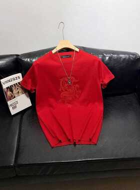 男款新款秋冬款男毛衣短袖中国红本命龙年烫钻红色半袖潮流针织衫