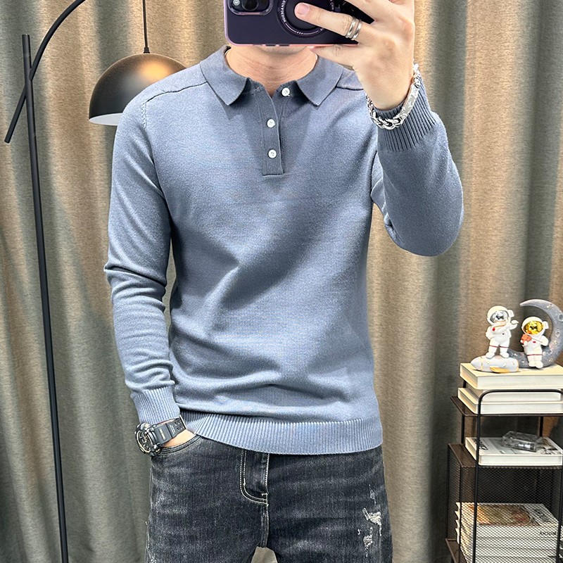 纯色翻领长袖针织衫2023秋冬新款弹力修身polo领毛衣有领毛线上衣