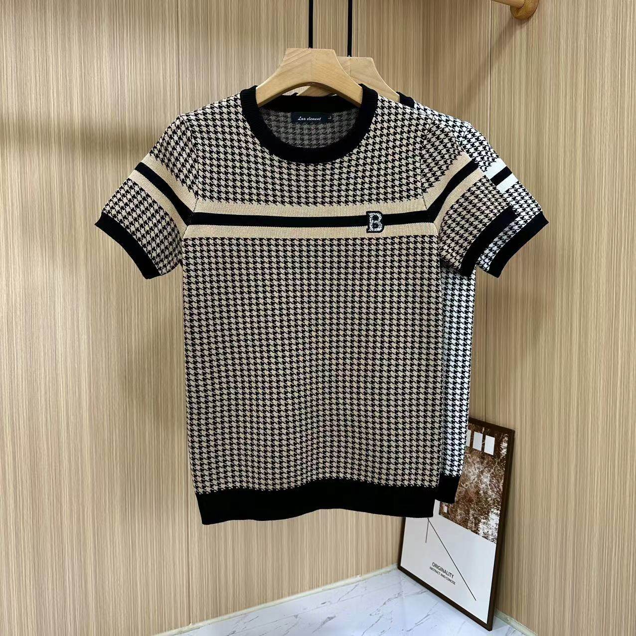 秋冬加厚圆领短袖针织衫千格鸟男装潮流提花青年轻奢内搭半袖小衫