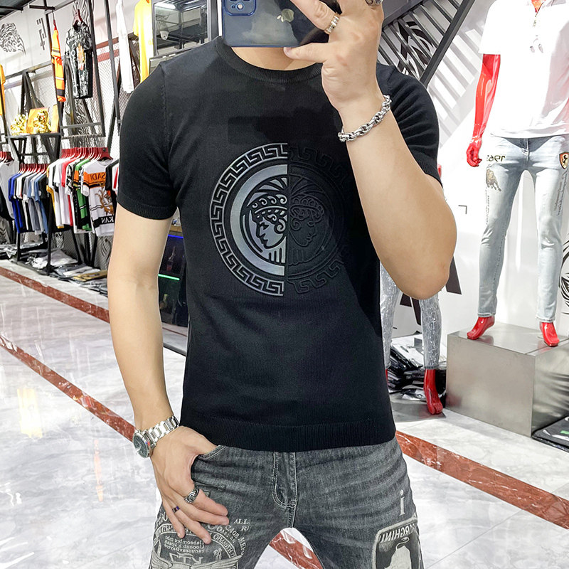 2022原创新款秋冬男士针织短袖T恤圆领印花春季薄款修身半袖衫潮T