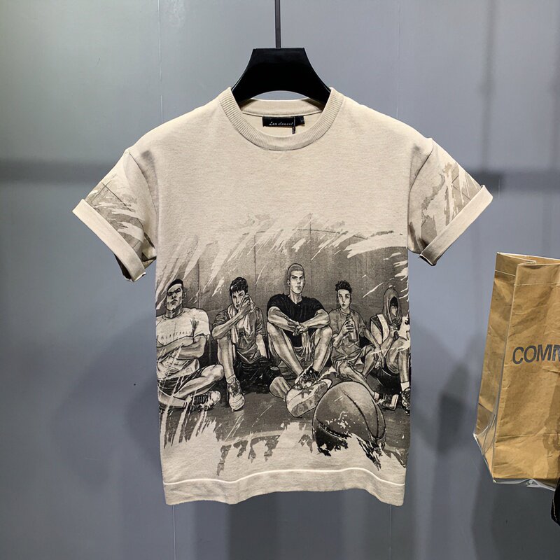 男士动漫卡通短袖毛衣时尚潮流百搭针织衫半袖春秋季新款潮牌上衣