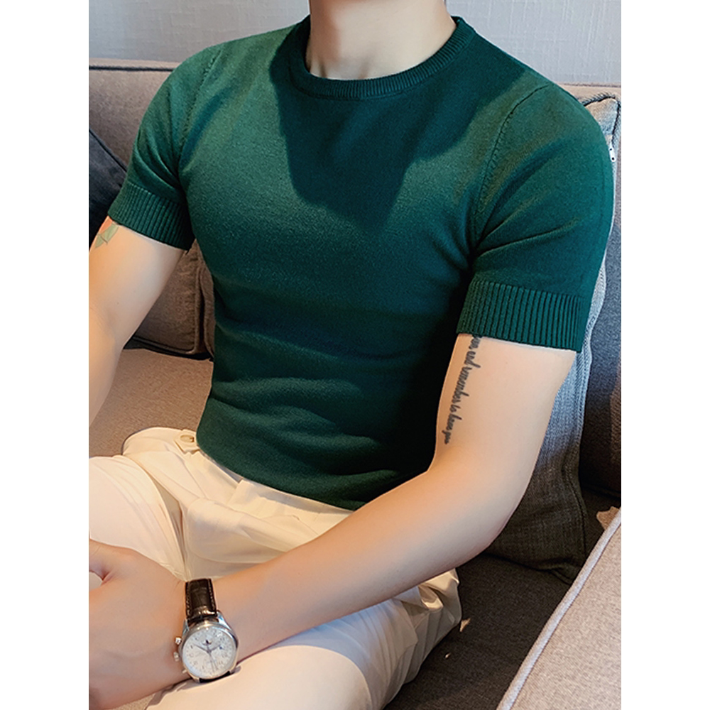 短袖毛衣2022新款男士春秋季半袖毛线男装潮牌修身打底针织衫t恤
