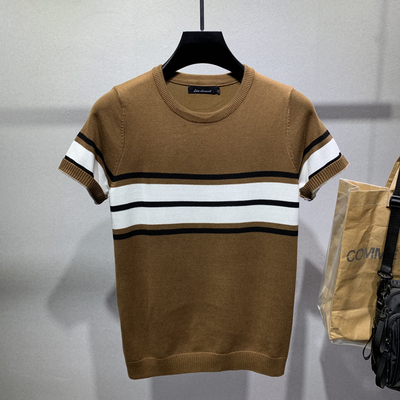 大玩家男装 2023秋冬季新款轻奢短袖针织衫横条纹商务针织t恤修身