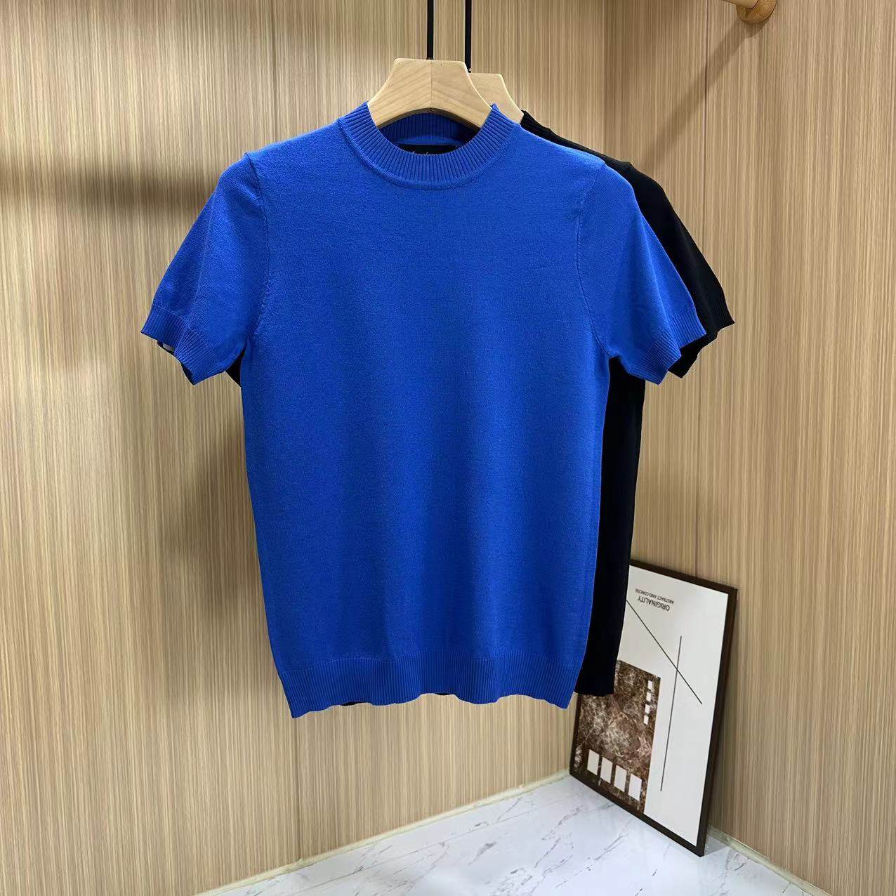 夏季纯色冰丝针织衫男修身短袖T恤韩版潮流帅气半高领休闲半袖t恤