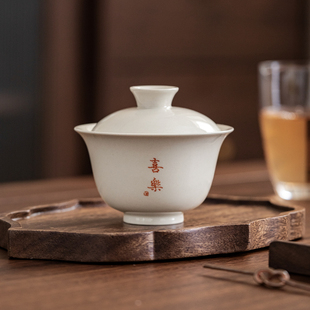 草木灰二才盖碗茶杯单个高档陶瓷家用手抓不烫手宽口大号茶碗 中式