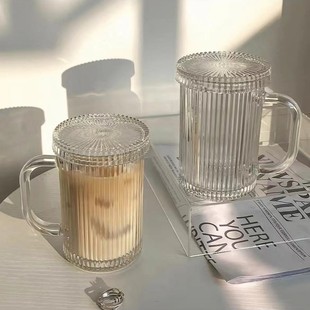竖条纹玻璃杯简约风家用水杯大容量杯子带盖女生高颜值牛奶早餐杯