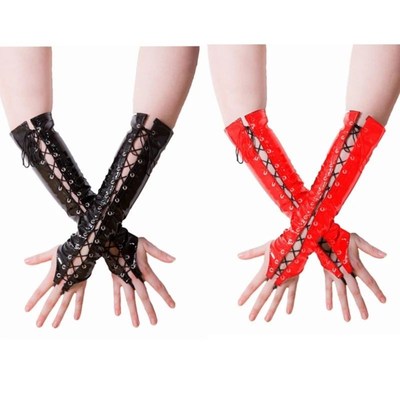 Sexy Long PVC Women Black Red Gloves Ladies Fetish Faux Leat