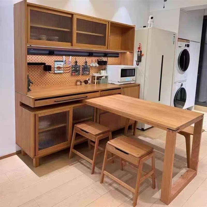 北欧实木餐边柜可推拉旋转伸缩原木风餐桌一体柜餐厅小户型储物柜