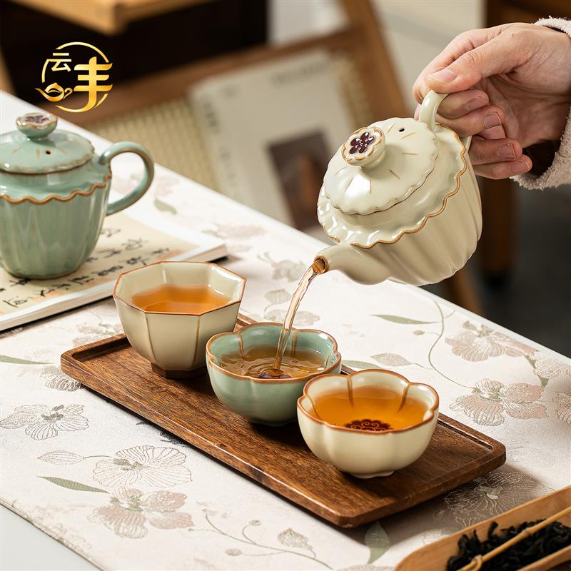 月白汝窑茶具套装家用高端女士一壶三杯高颜值泡茶壶茶杯送礼盒装