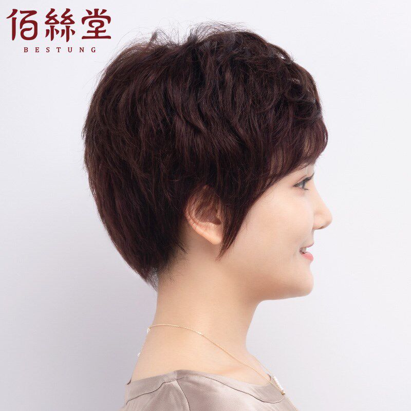 假发短发女中老年短卷发自然蓬松妈妈真发发套全真人发头套假头发